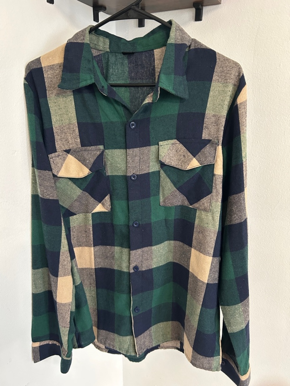 SHEIN Green, Navy & Cream Plaid Button-Down Shirt